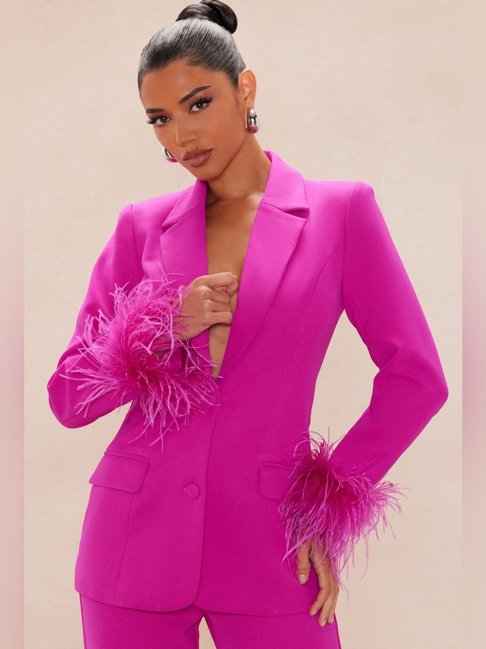 Women's Fuchsia Feather-Cuff Blazer SET
